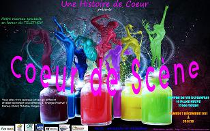 Affiche du spectacle Coeur de scène du 3 décembre 2011 où l'on voitdes pots tansparents en verre remplis de peinture de couleurs vives d'où des sortent des silhouettes de danseurs en couleur